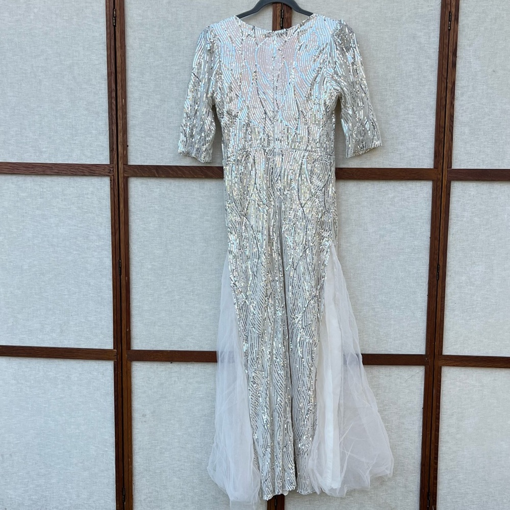 Vintage Short Sleeve Sparkly Beaded Sequin Lined Tulle Dress Built in Bra - M